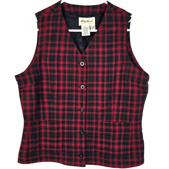 Eddie Bauer Vest Women's MP Red Charcoal Wool Plaid Academia Preppy Classic - Picture 1 of 7